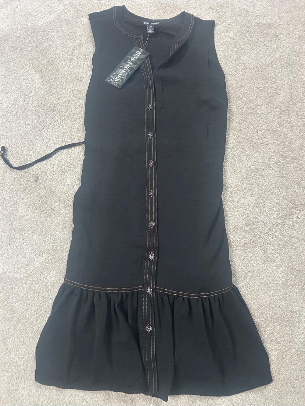 Nina Leonard Black Sleeveless Button-Front Top with Contrast Stitching